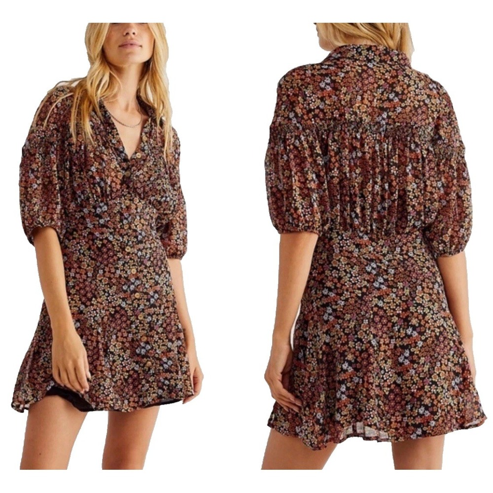 Free People Floral Mini Dress Button Front Puff Sleeve Ditsy Print Brown Multi